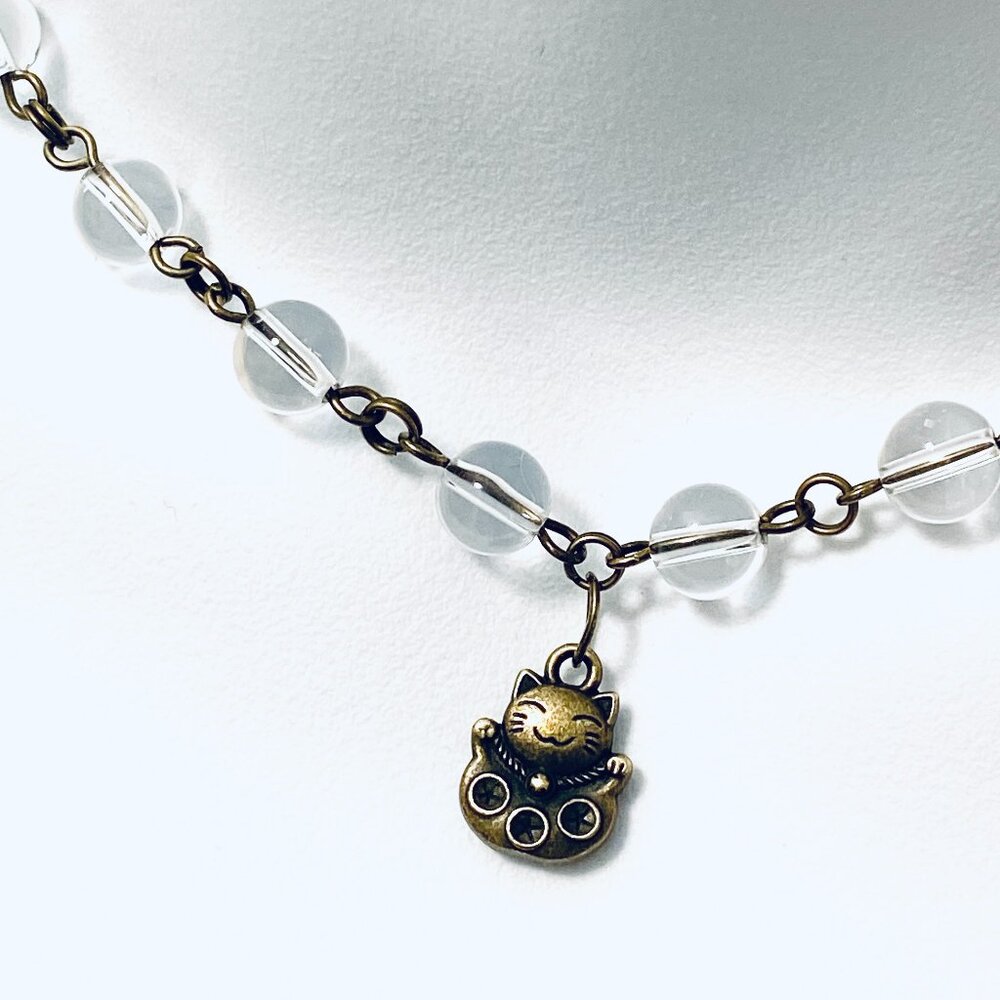 Genuine Clear Quartz Short Necklace, Cute Bronze Fortune Cat + Natural Gemstone